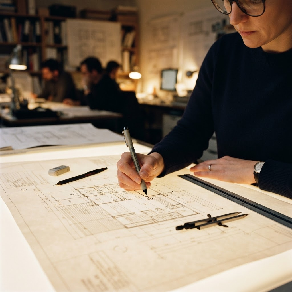 Engineer reviewing architectural drawings