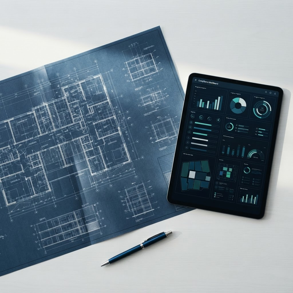 Architectural blueprints with digital compliance overlay